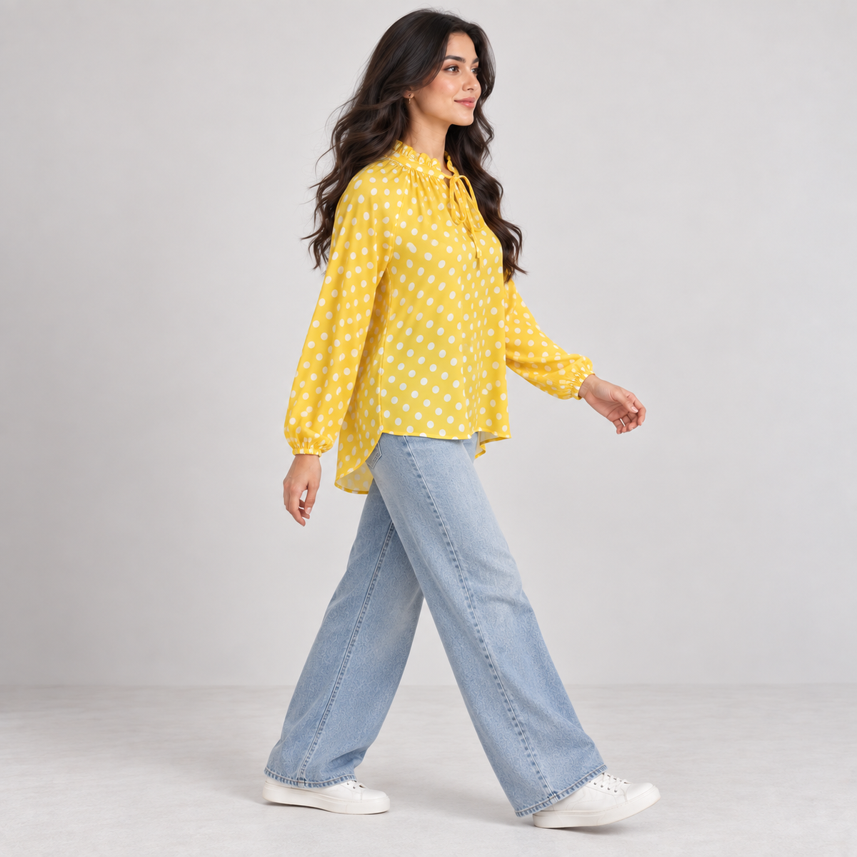 Polka Dot Satin Tie-Neck Blouse