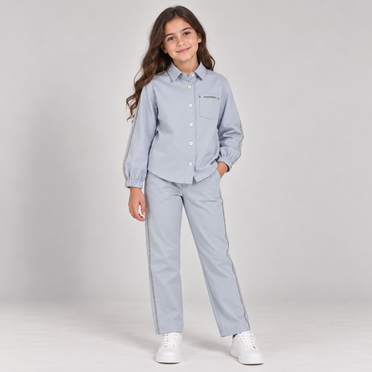 Girls’ Embellished Stripe Shirt & Trouser Set