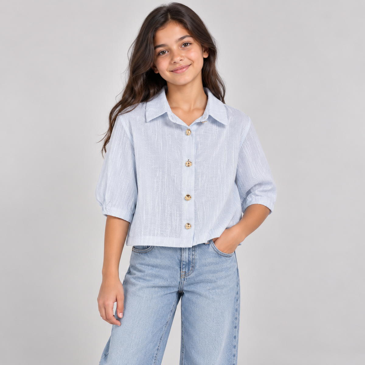 Girls’ Textured Gold Button Blouse