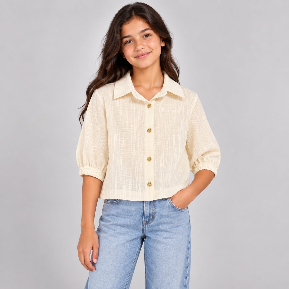 Girls’ Textured Gold Button Blouse