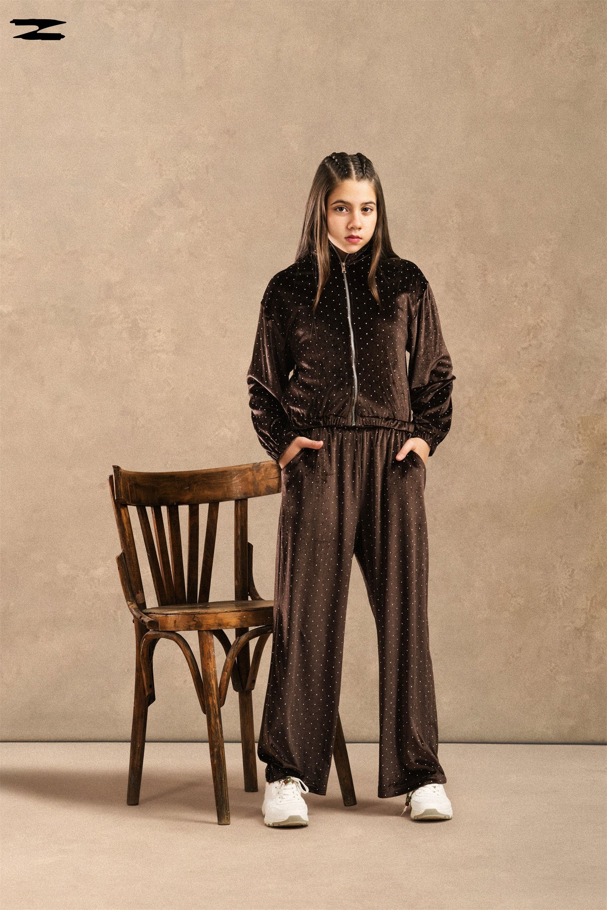 Girls Studded Velvet Zip Jacket & Wide-Leg Pants Set