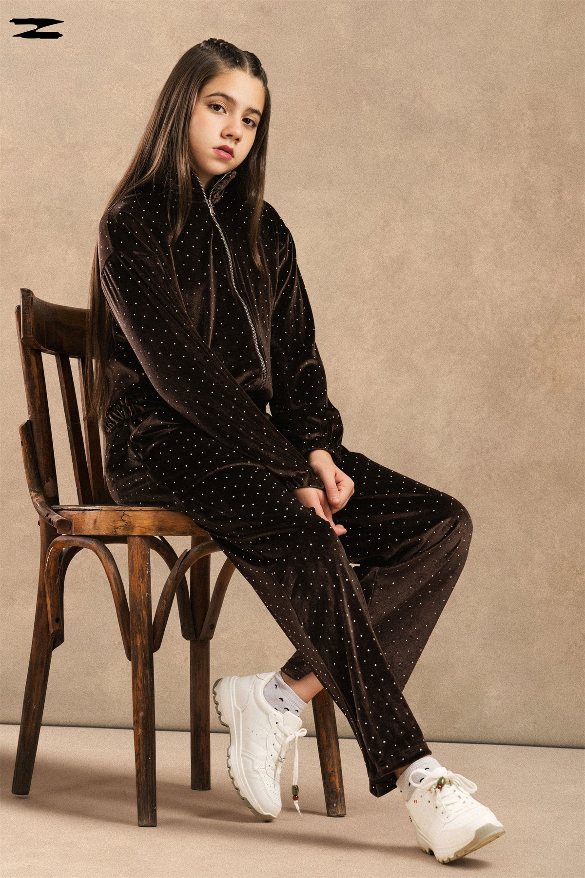 Girls Studded Velvet Zip Jacket & Wide-Leg Pants Set
