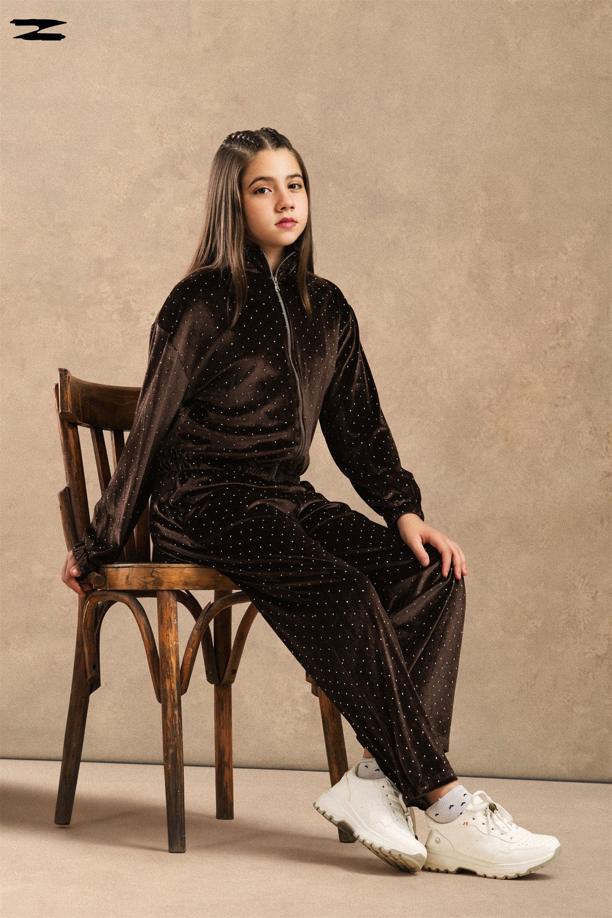 Girls Studded Velvet Zip Jacket & Wide-Leg Pants Set