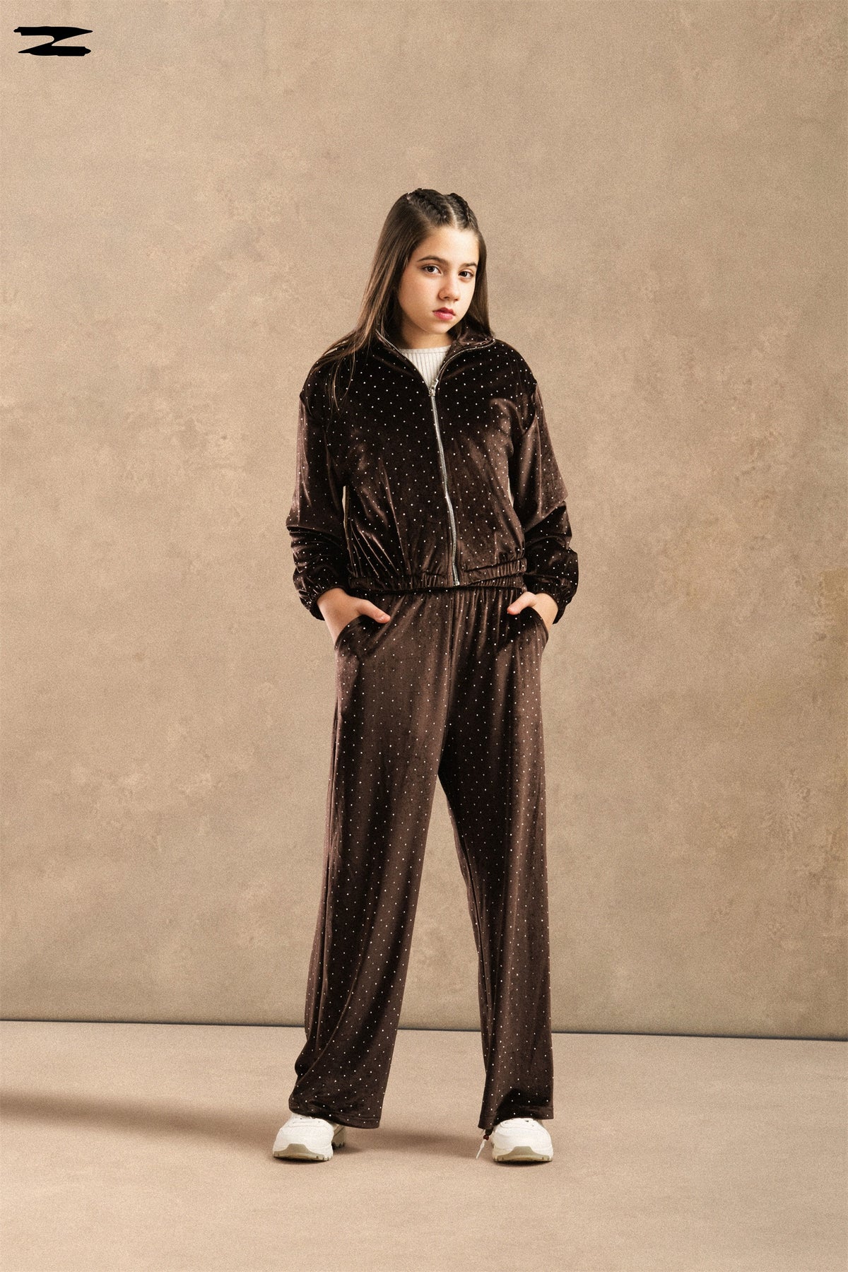 Girls Studded Velvet Zip Jacket & Wide-Leg Pants Set