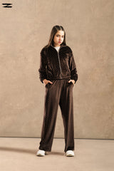 Girls Studded Velvet Zip Jacket & Wide-Leg Pants Set