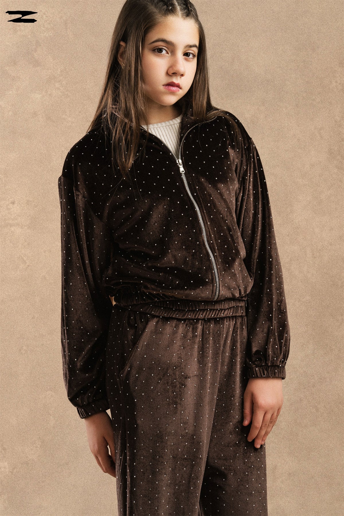 Girls Studded Velvet Zip Jacket & Wide-Leg Pants Set