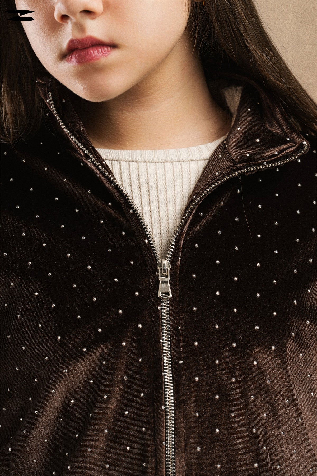Girls Studded Velvet Zip Jacket & Wide-Leg Pants Set