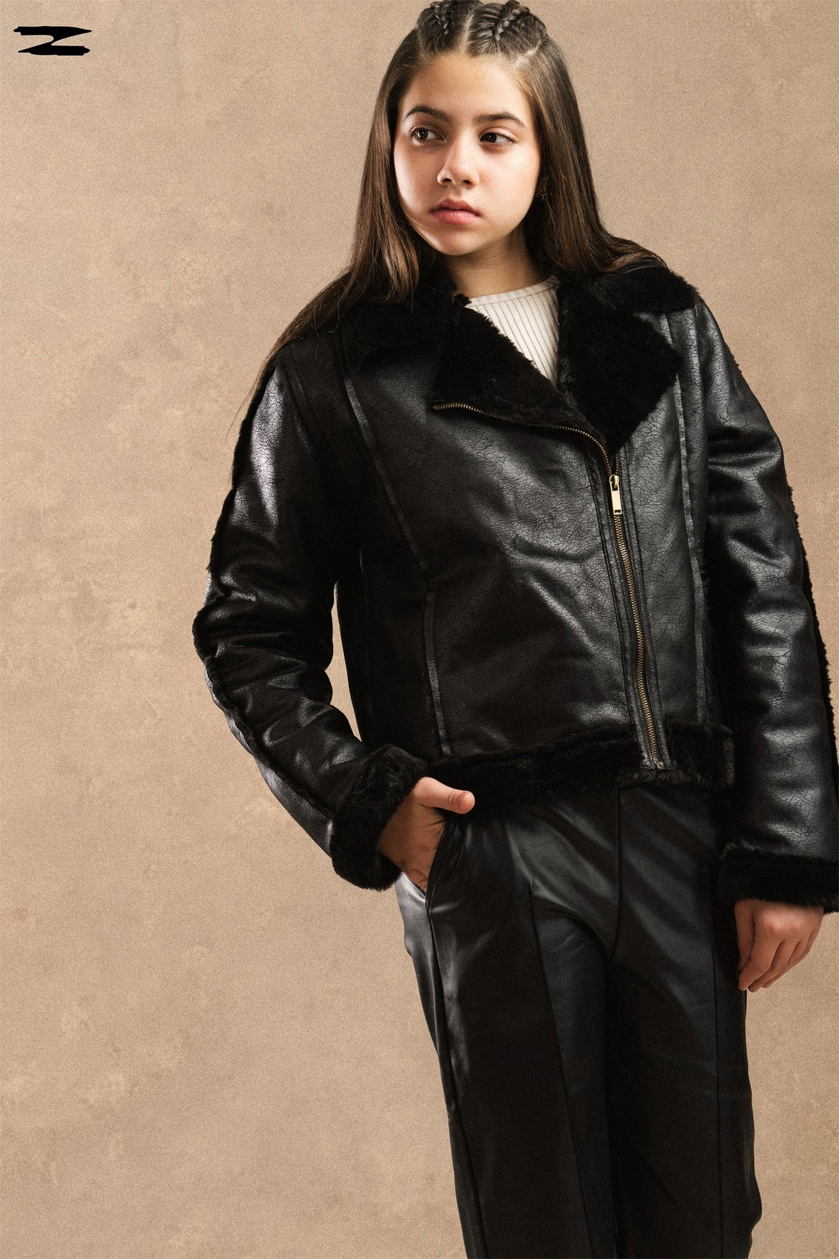 Girls Faux Leather Shearling Biker Jacket