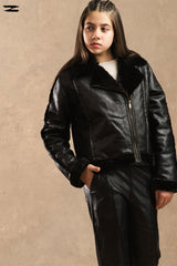 Girls Faux Leather Shearling Biker Jacket