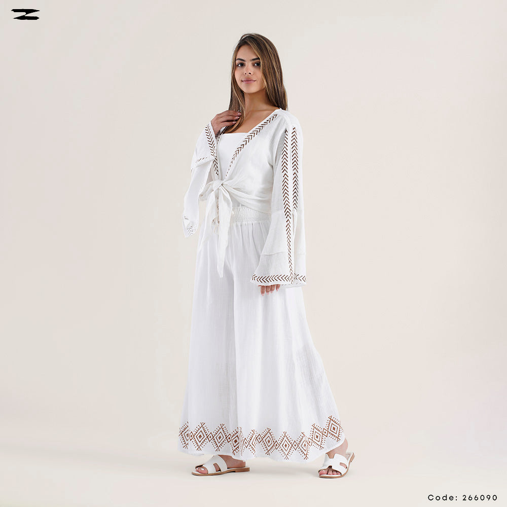 Tie Front Top with Pattern Trim Pants Set