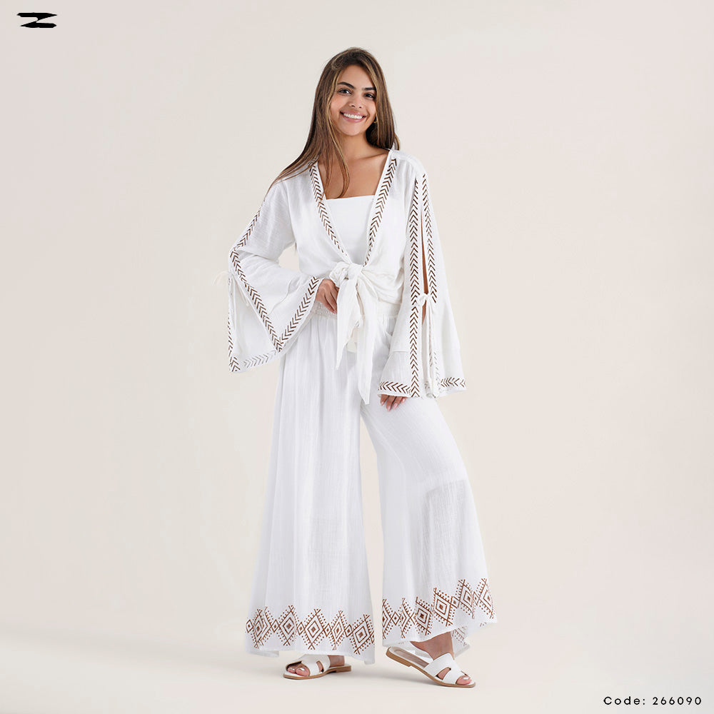 Tie Front Top with Pattern Trim Pants Set