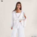 Tie Front Top with Pattern Trim Pants Set