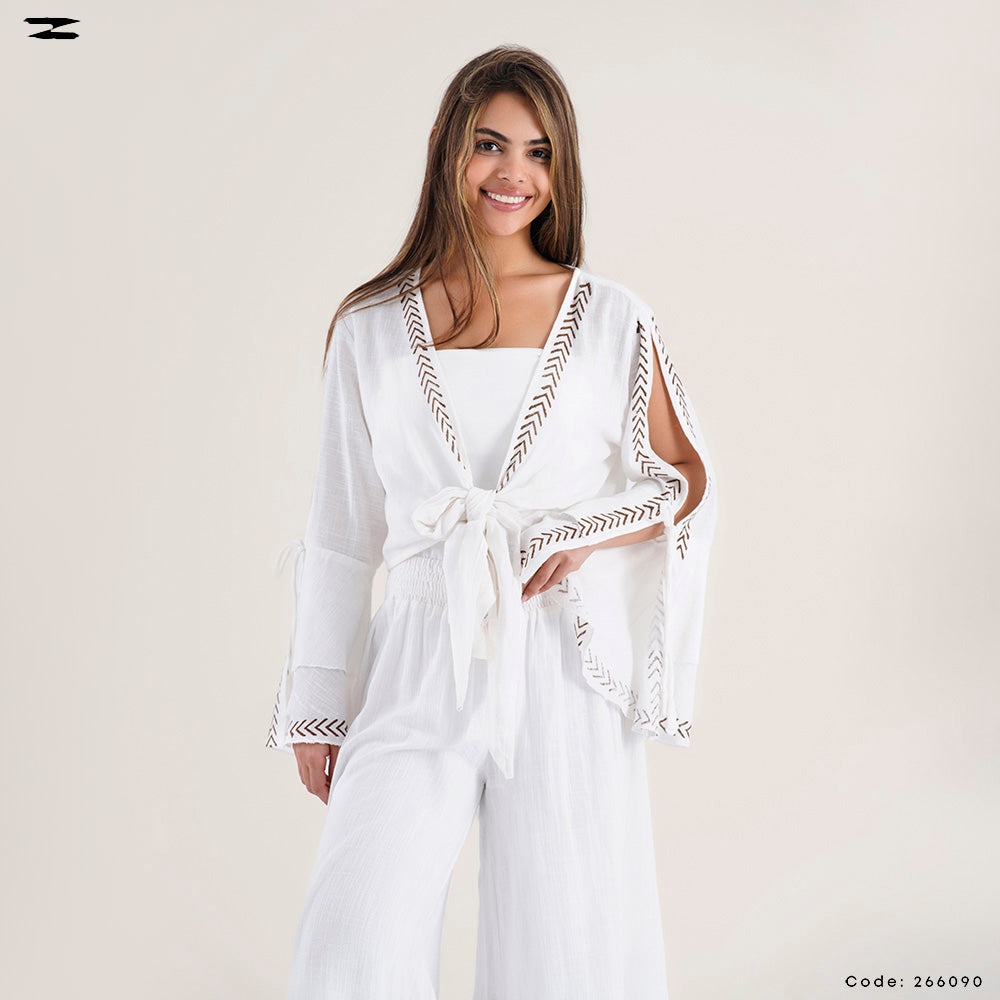 Tie Front Top with Pattern Trim Pants Set
