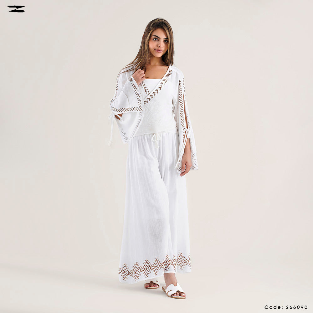 Tie Front Top with Pattern Trim Pants Set