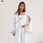Load image into Gallery viewer, Tie Front Top with Pattern Trim Pants Set