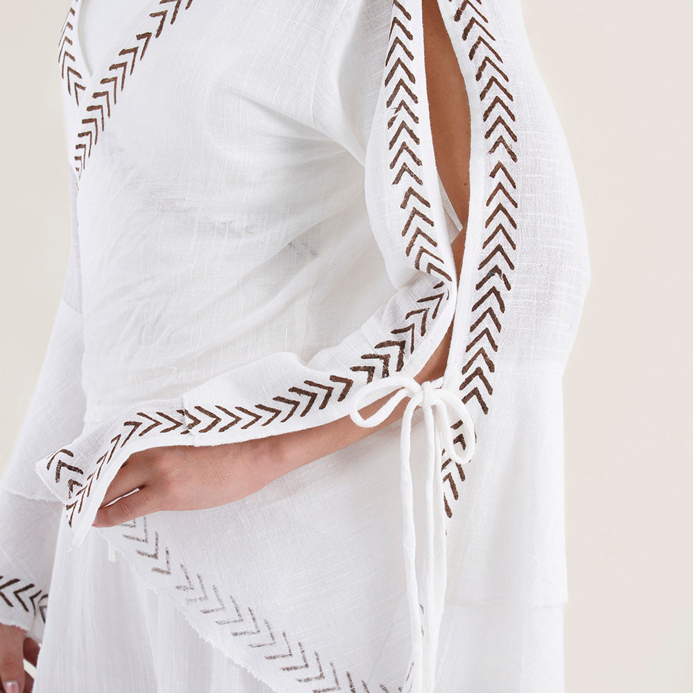 Tie Front Top with Pattern Trim Pants Set