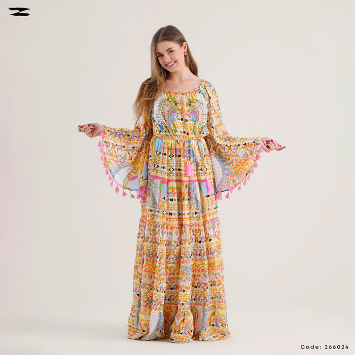 Printed Bell Sleeve Maxi Dress