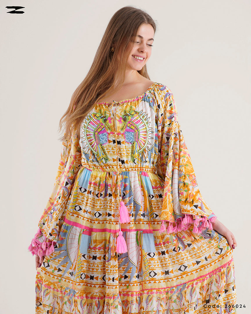 Printed Bell Sleeve Maxi Dress