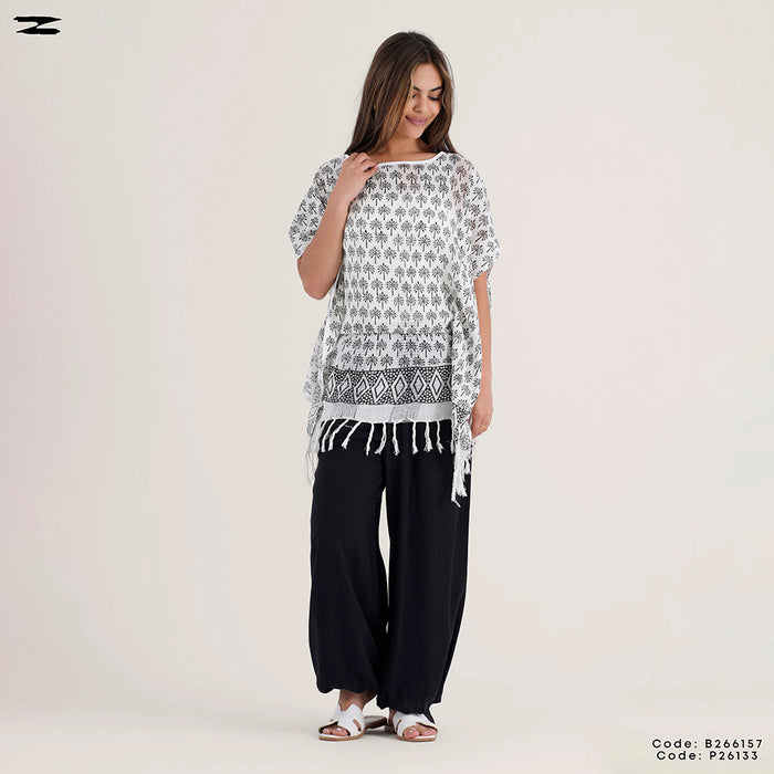 Fringe Trim Printed Poncho