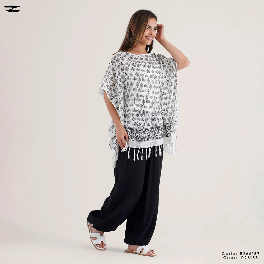 Fringe Trim Printed Poncho