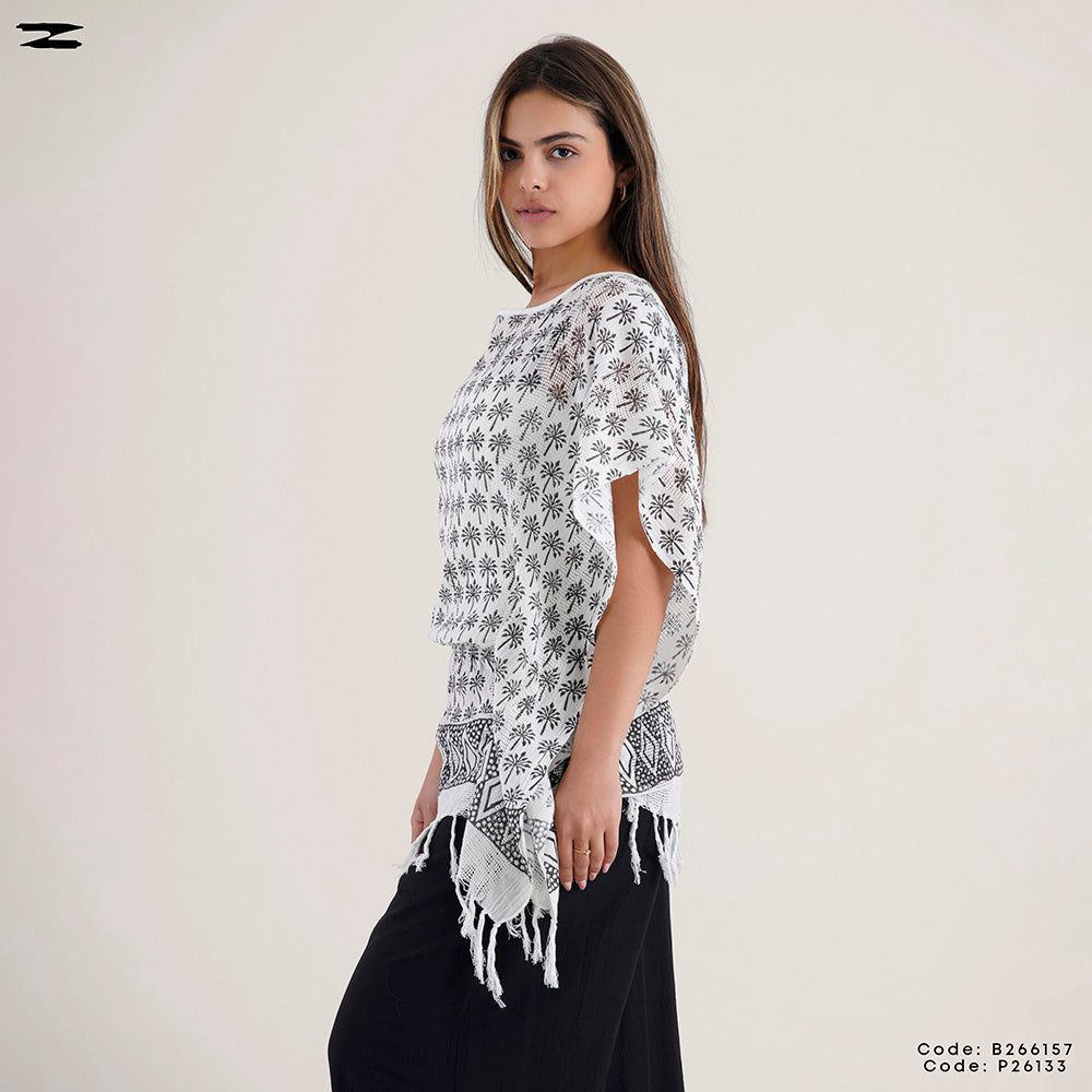 Fringe Trim Printed Poncho