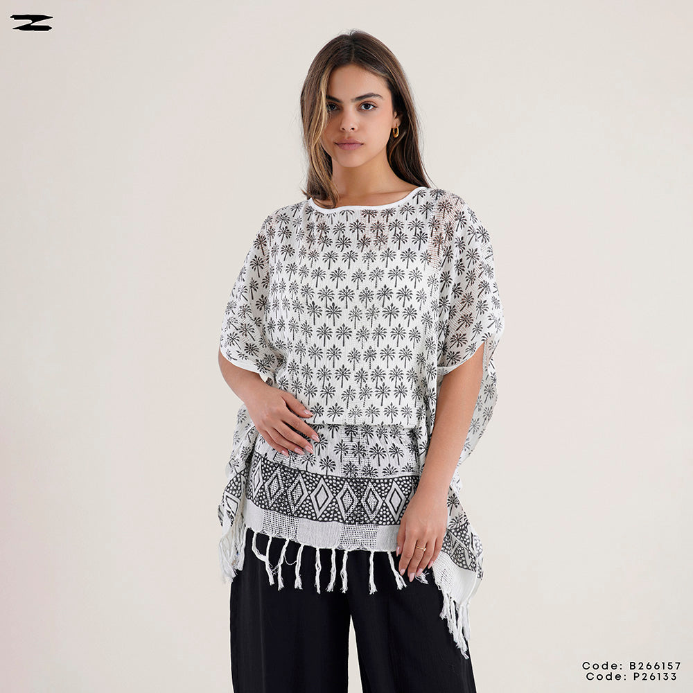 Fringe Trim Printed Poncho