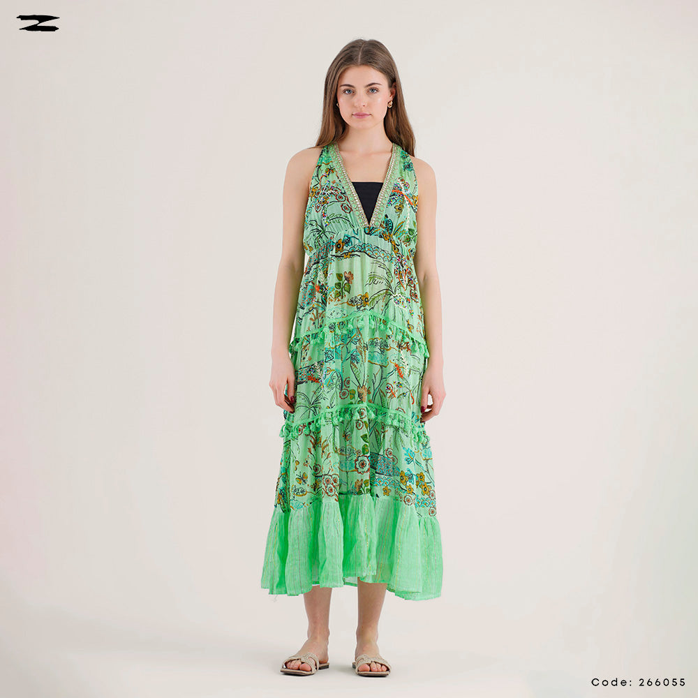 Printed Tassel Trim Midi Dress