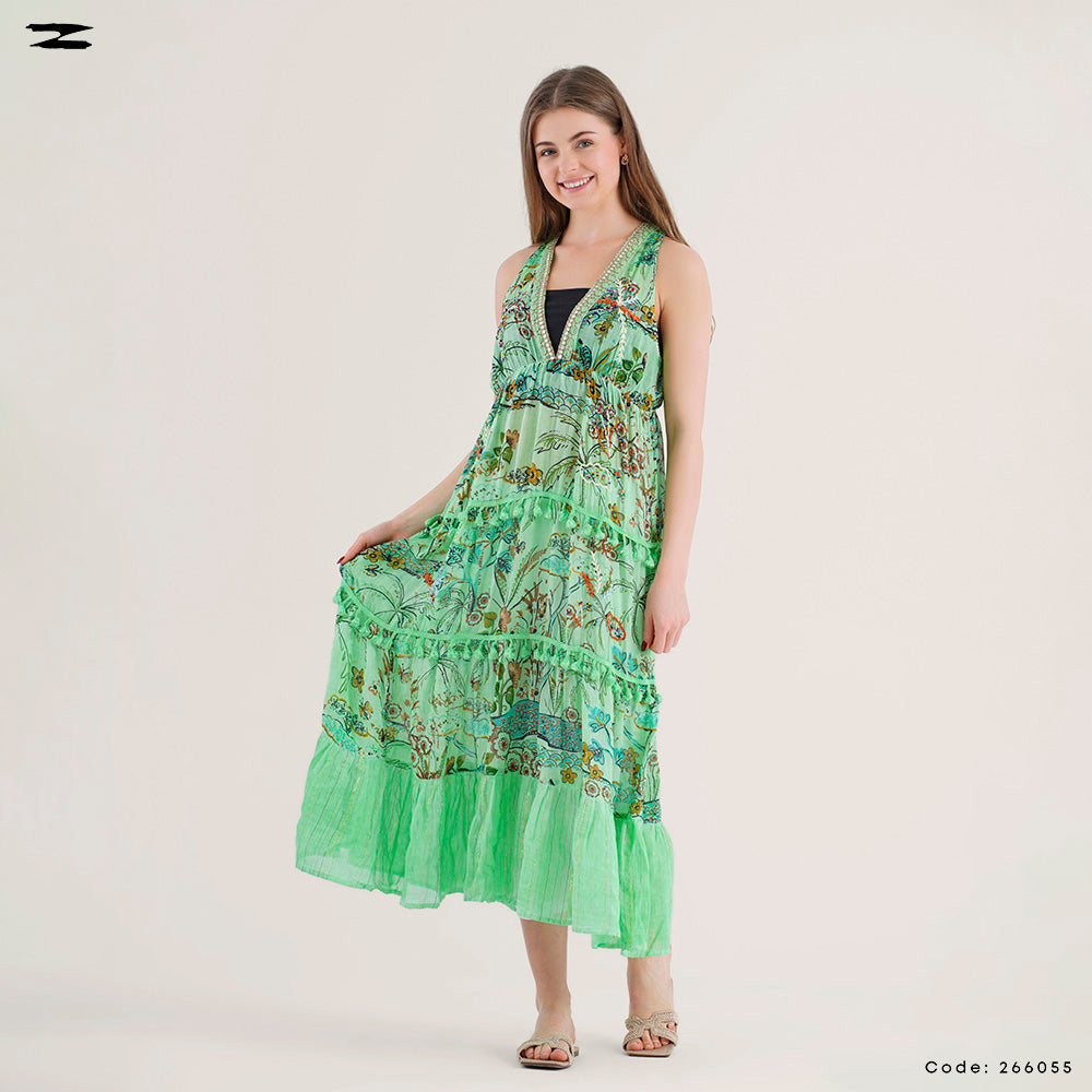 Printed Tassel Trim Midi Dress