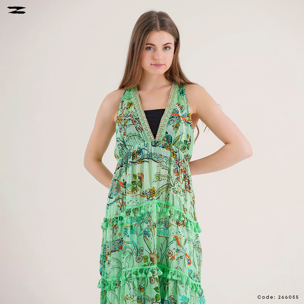 Printed Tassel Trim Midi Dress