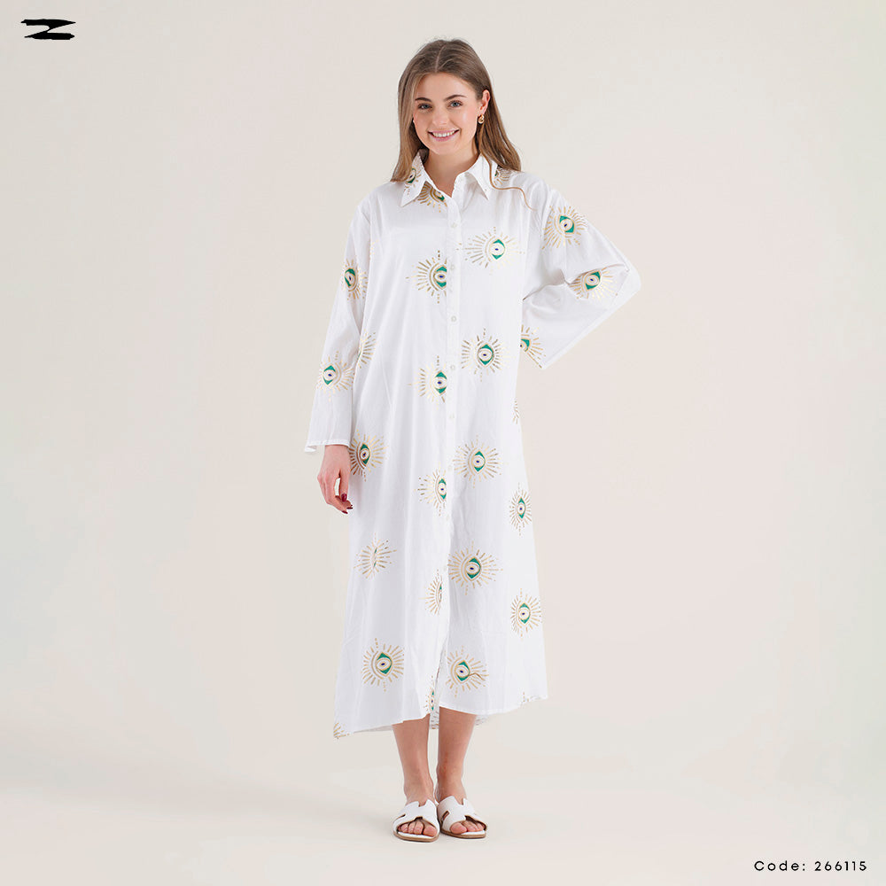 Embroidered Eye Print Shirt Dress