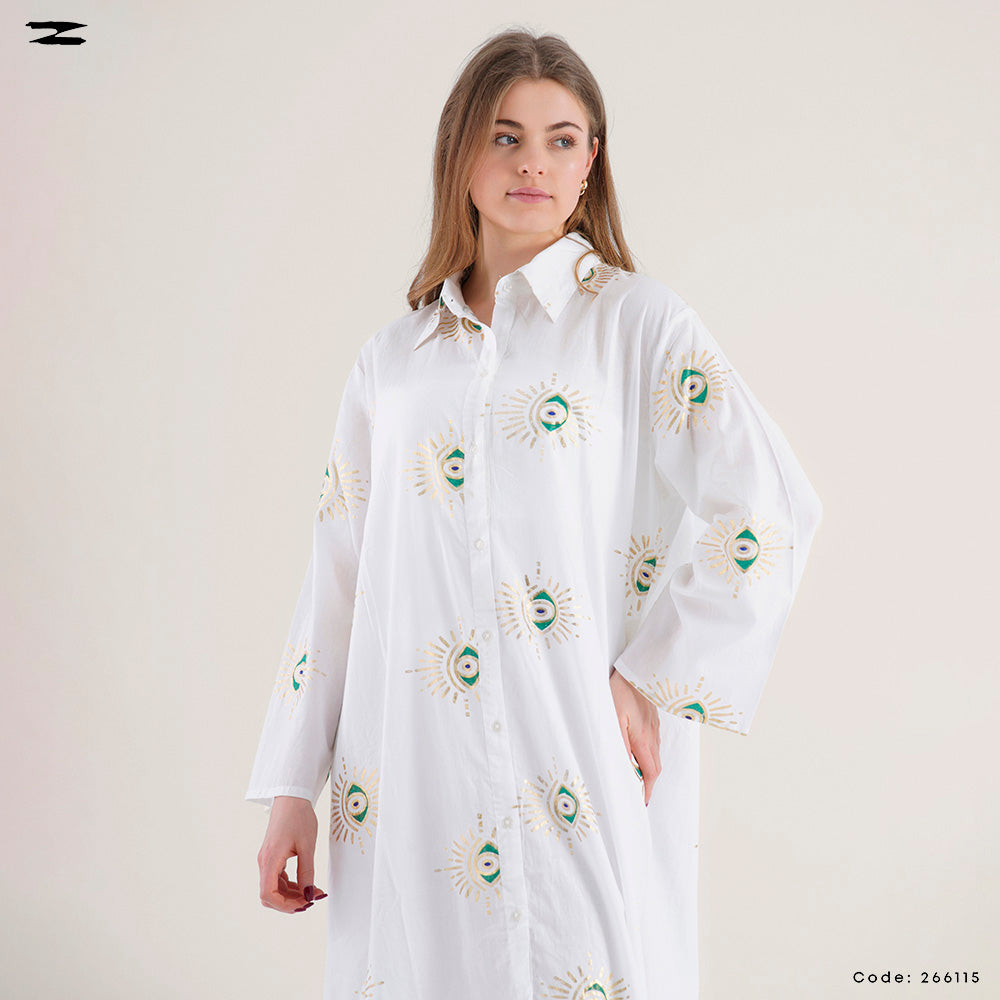 Embroidered Eye Print Shirt Dress