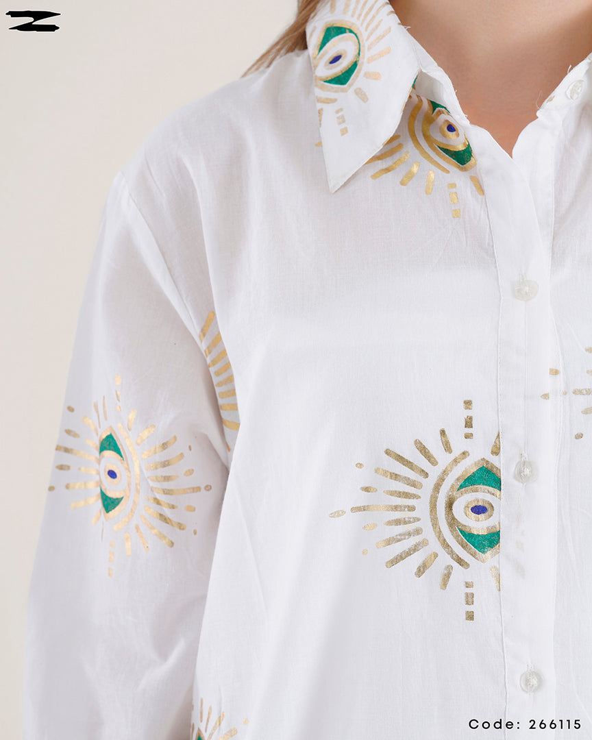 Embroidered Eye Print Shirt Dress