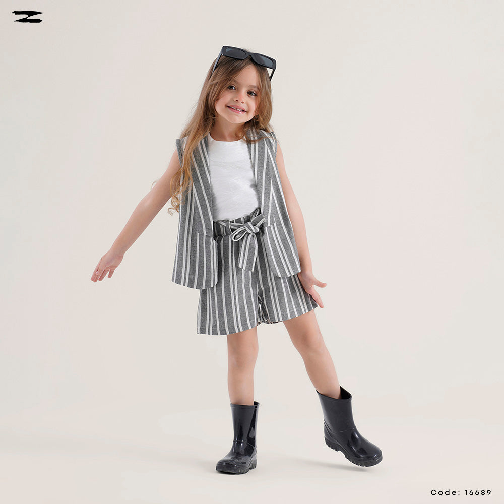 Striped Linen Vest and Shorts Set with Inner Top