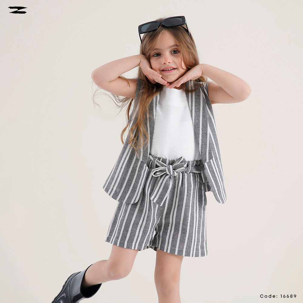 Striped Linen Vest and Shorts Set with Inner Top