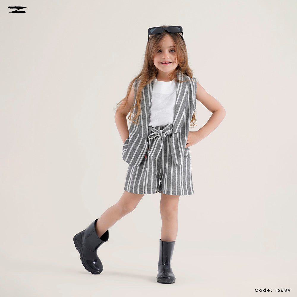 Striped Linen Vest and Shorts Set with Inner Top