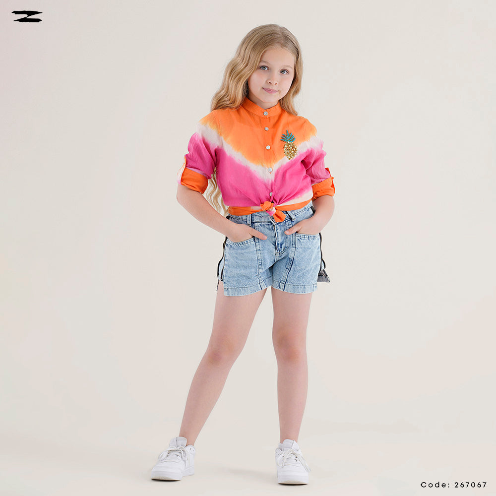 Tie-Dye Linen Shirt with Brooch