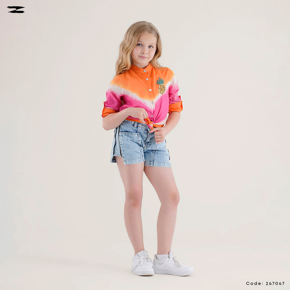 Tie-Dye Linen Shirt with Brooch