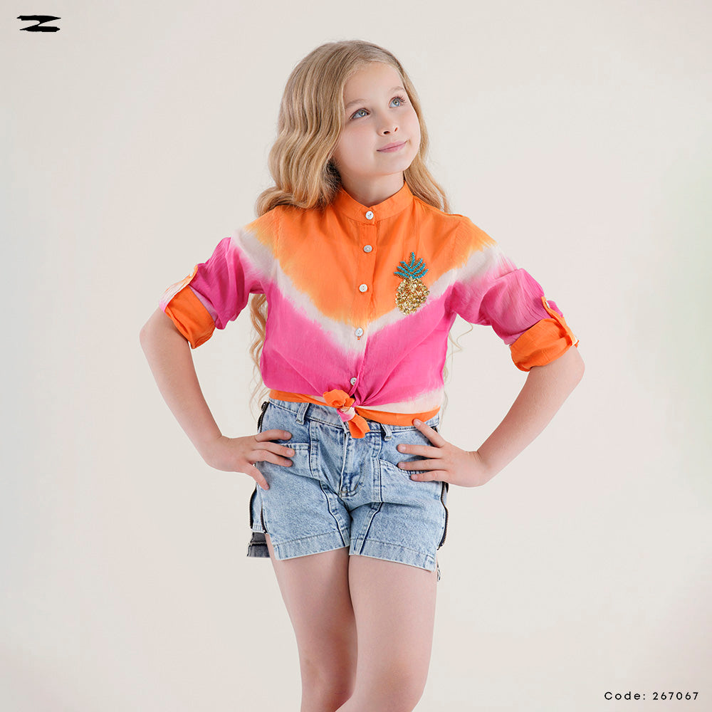 Tie-Dye Linen Shirt with Brooch