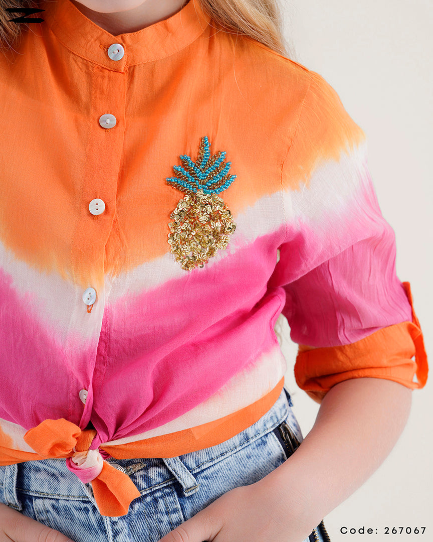 Tie-Dye Linen Shirt with Brooch