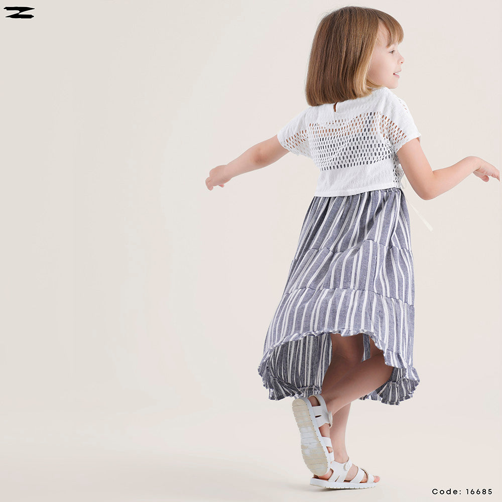 Striped Tiered Dress with Crochet Shrug