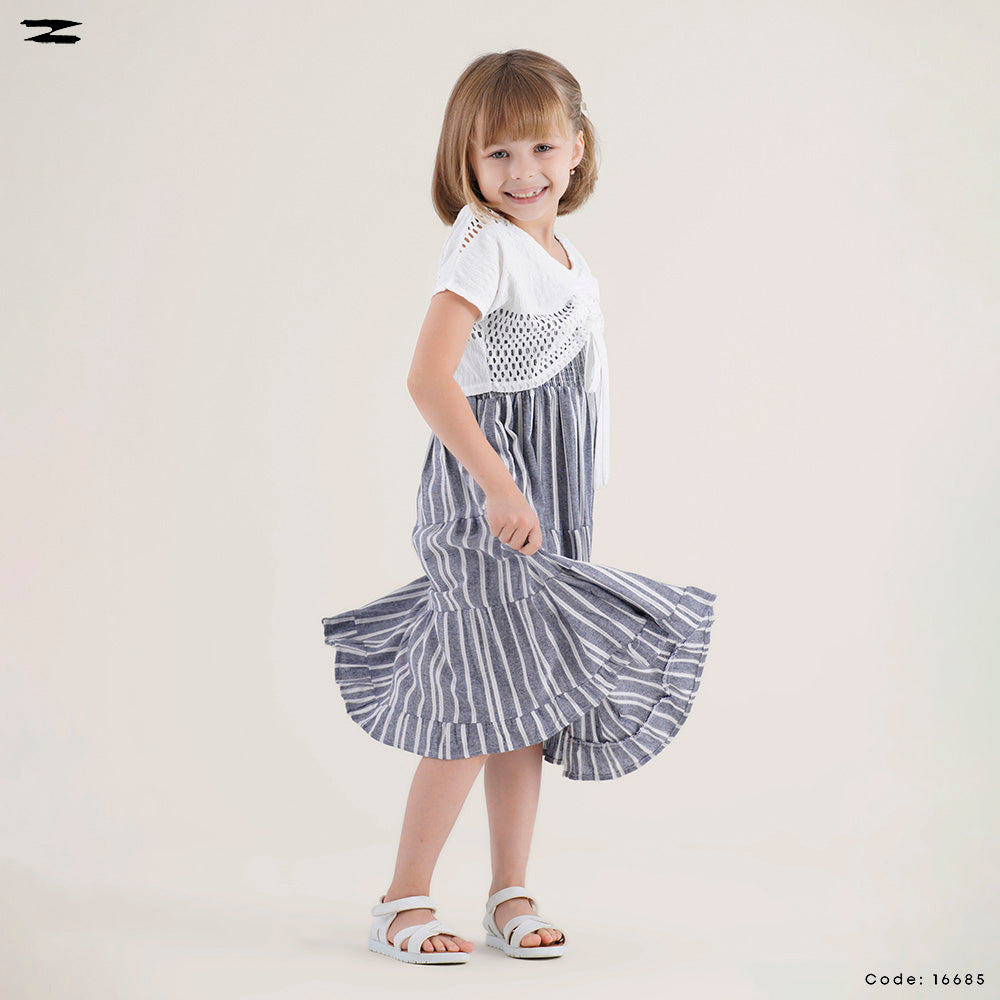 Striped Tiered Dress with Crochet Shrug