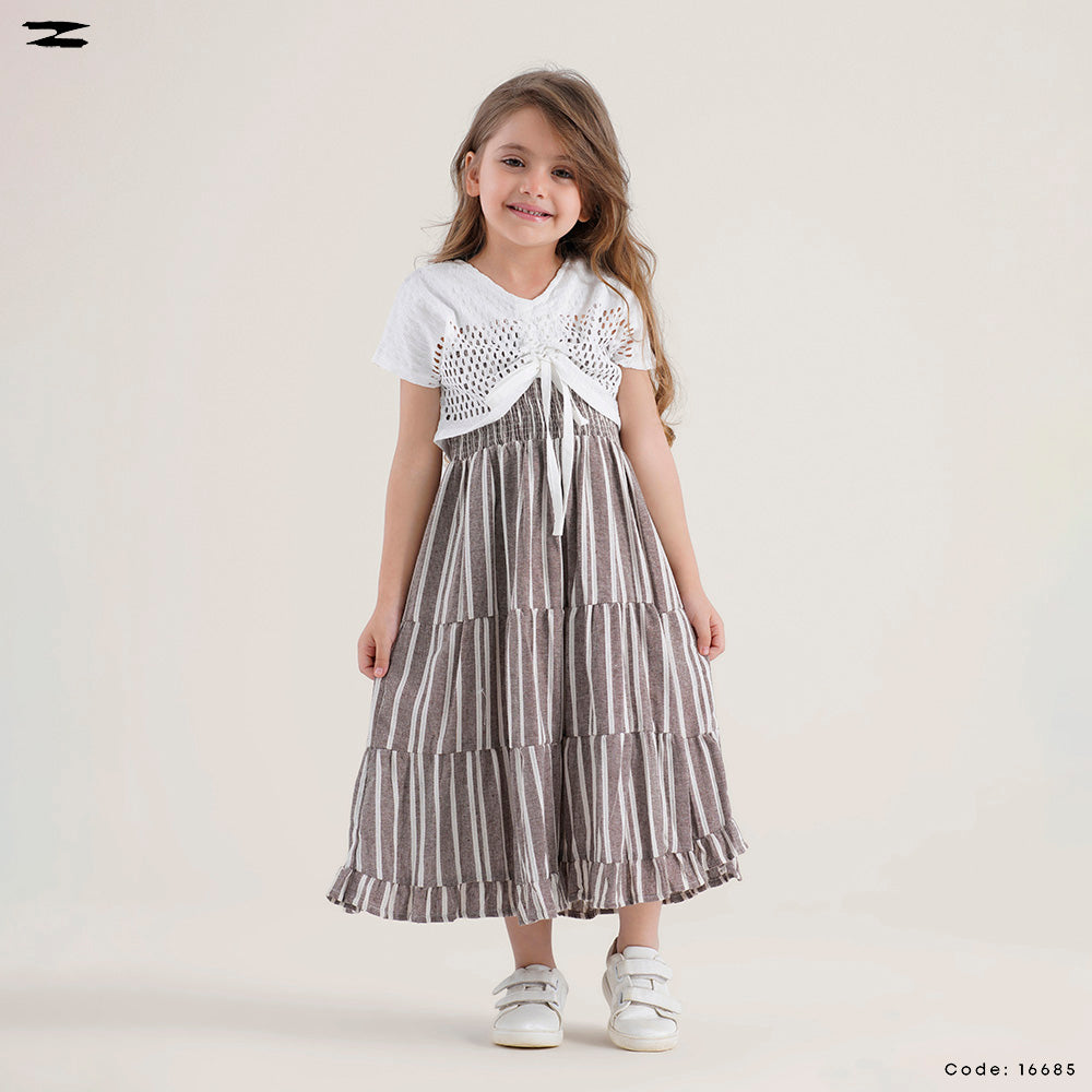 Striped Tiered Dress with Crochet Shrug