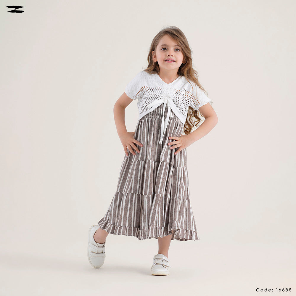 Striped Tiered Dress with Crochet Shrug