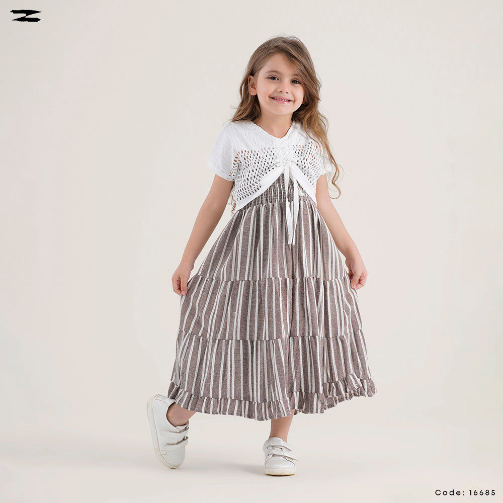 Striped Tiered Dress with Crochet Shrug
