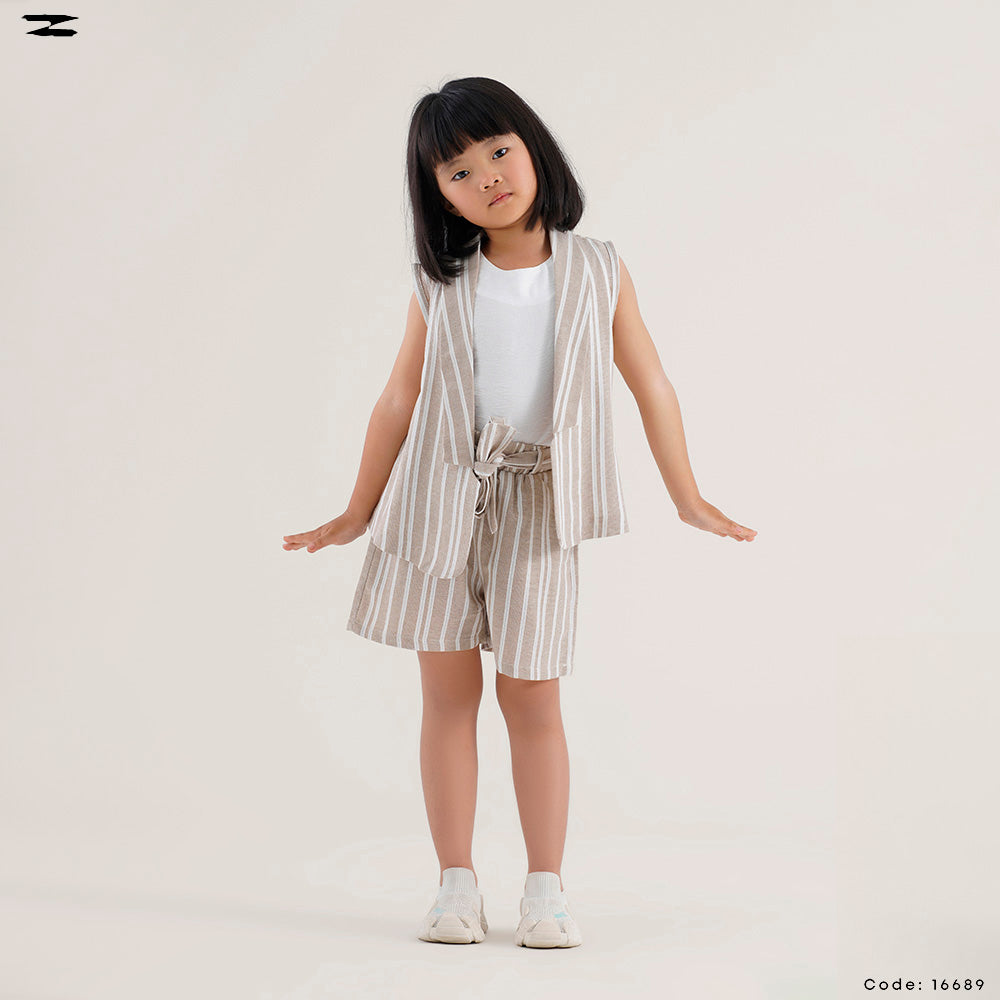 Striped Linen Vest and Shorts Set with Inner Top