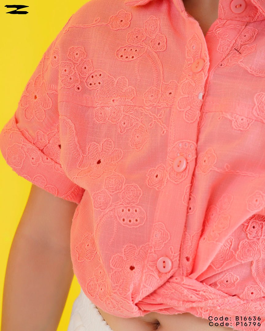 Embroidered Tie Waist Linen Blouse