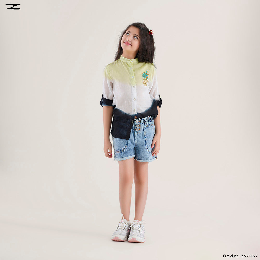 Tie-Dye Linen Shirt with Brooch