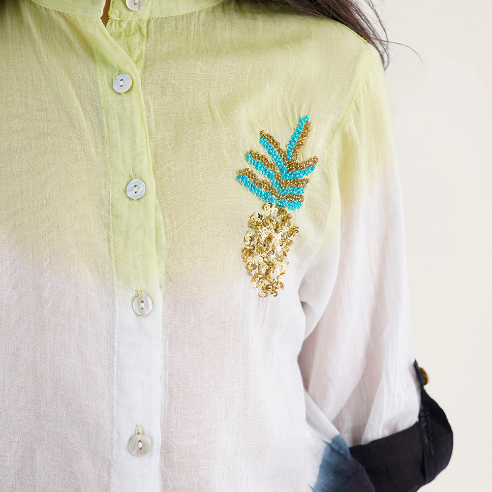 Tie-Dye Linen Shirt with Brooch