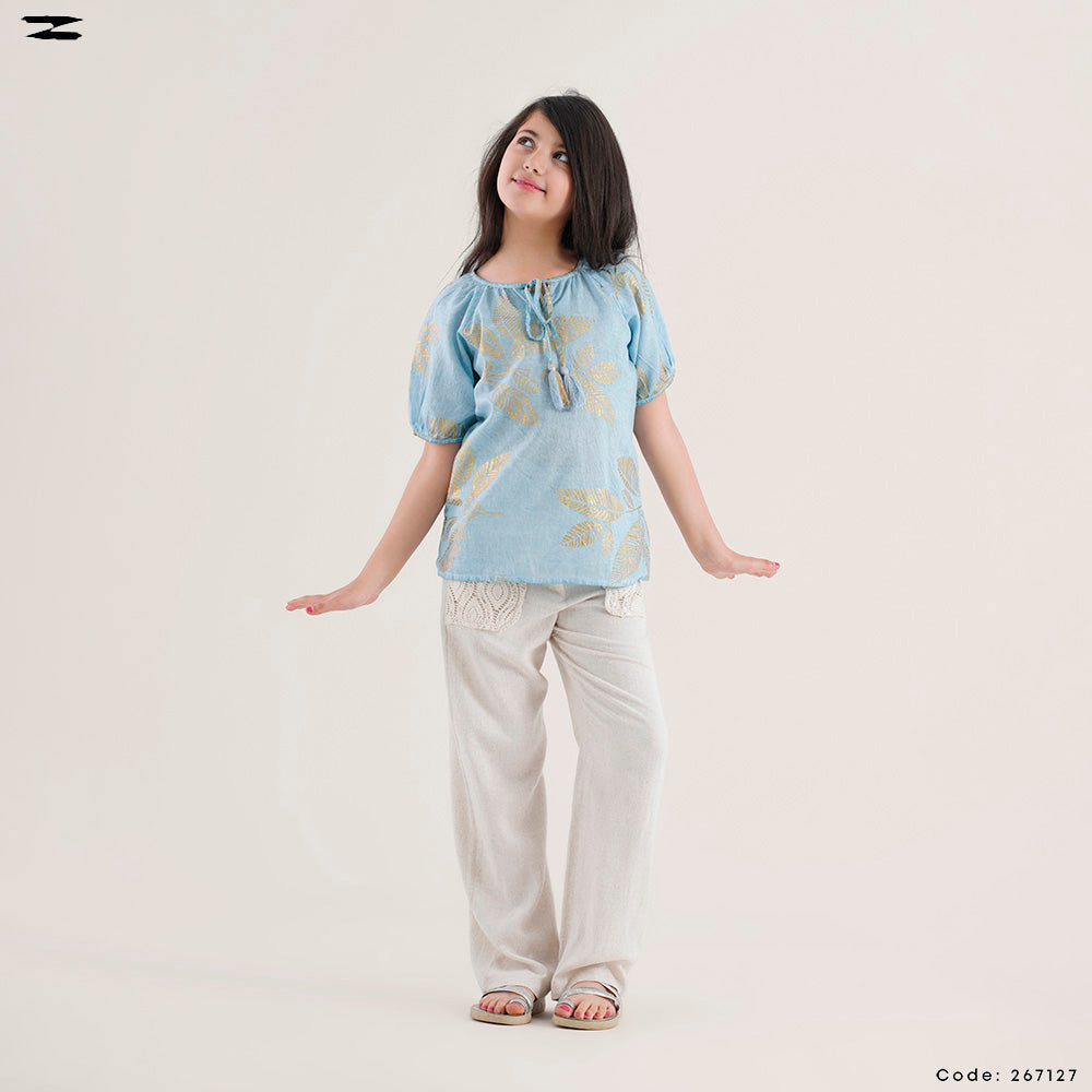 Light Blue Leaf Print Top