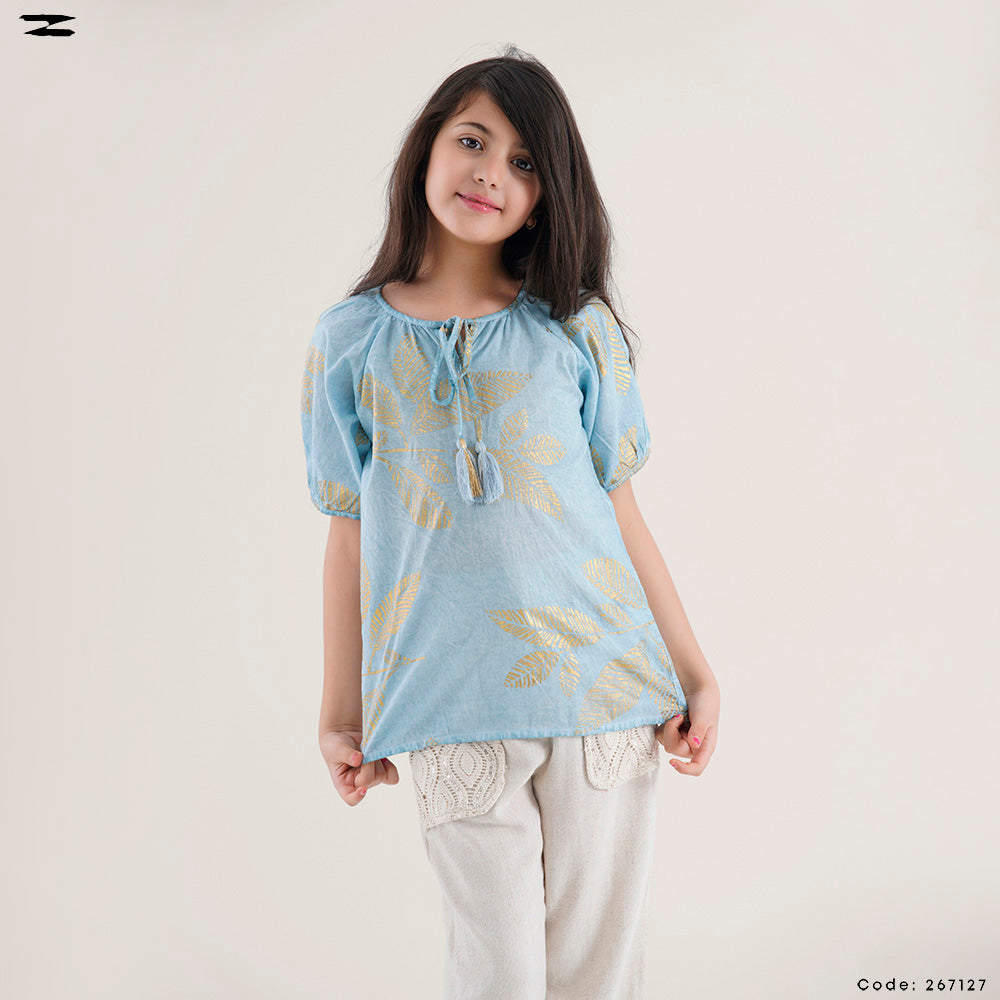 Light Blue Leaf Print Top